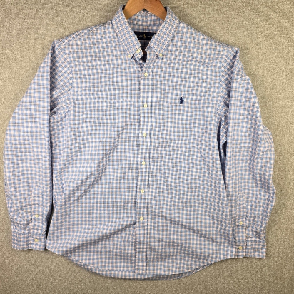 Ralph Lauren Mens Large Blue Pink Plaid Cotton Button Down Shirt Long Sleeve